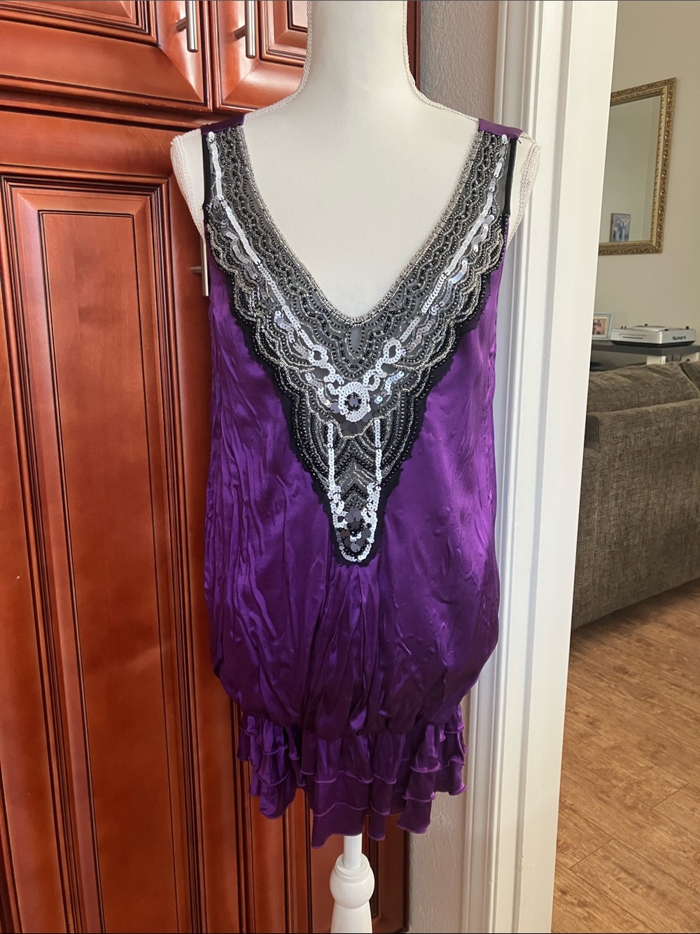Bebe 100% silk Purple Satin Tank with Black & Silver Lace V-Detail